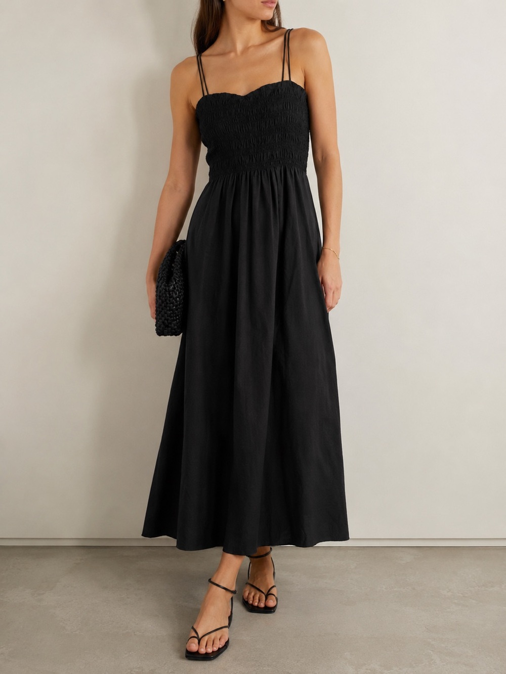Modern Citizen Black Smocked Organic Cotton Midi Dress size S